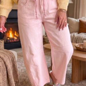 Light Pink Solid Color Grommet Detail Knot Waist Barrel Jeans