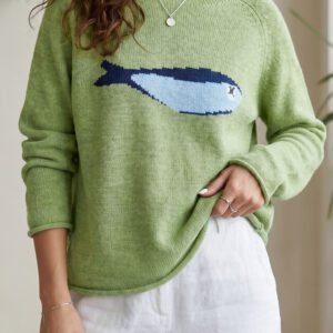 Meadow Mist Green Unique Fish Knit Oversized Round Neck Sweater