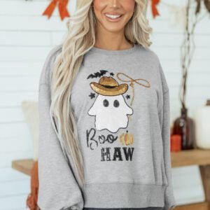 Medium Grey Sequin Western Ghost Print Long Sleeve Round Neck Sweatshirt