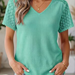 Mint Green Lace Splicing Button Cutout V Neck Waffle Knit Blouse