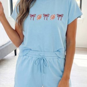 Mist Blue Embroidered Rugby Bow Graphic Relaxed Tee and Shorts Set