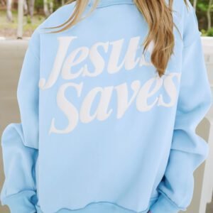 Mist Blue Jesus Saves Slogan Print Stand Neck Baggy Sweatshirt