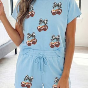 Mist Blue Sequined Cherry Game Day Short Set