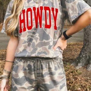 Multicolour Camouflage HOWDY Letter Print Relaxed Tee Drawstring Shorts Set