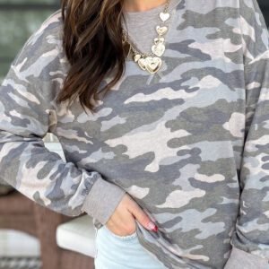 Multicolour Camouflage Long Sleeve Round Neck Shift Pullover Top