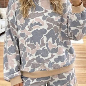 Multicolour Camouflage Patchwork Colorblock 2pcs Long Sleeve Top and Shorts Set