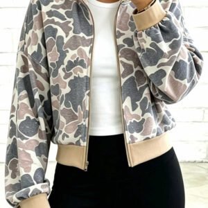 Multicolour Camouflage Print Color Block Trim Zip Bomber Sweatshirt