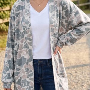 Multicolour Camouflage Print Long Sleeve Open Front Tunic Cardigan