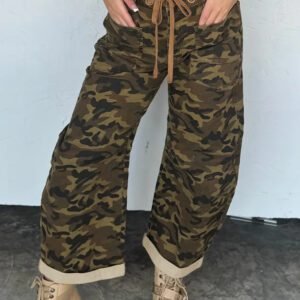 Multicolour Camouflage Print Retro Grommet Tie Waist Loose Jeans