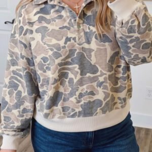 Multicolour Casual Camo V-Neck Buttoned Plus Size Sweatshirt