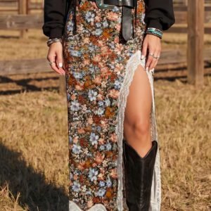 Multicolour Cheetah Print Trim Split Long Western Skirt