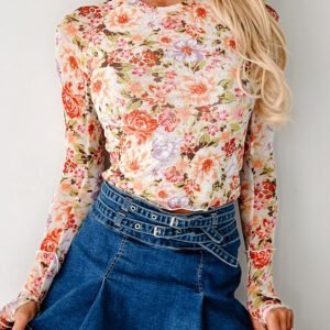 Multicolour Floral Print Mesh Thumbhole Long Sleeve Slim Top