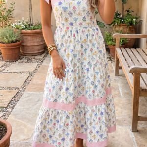 Multicolour Floral Print Striped Detail Knot Straps Maxi Dress