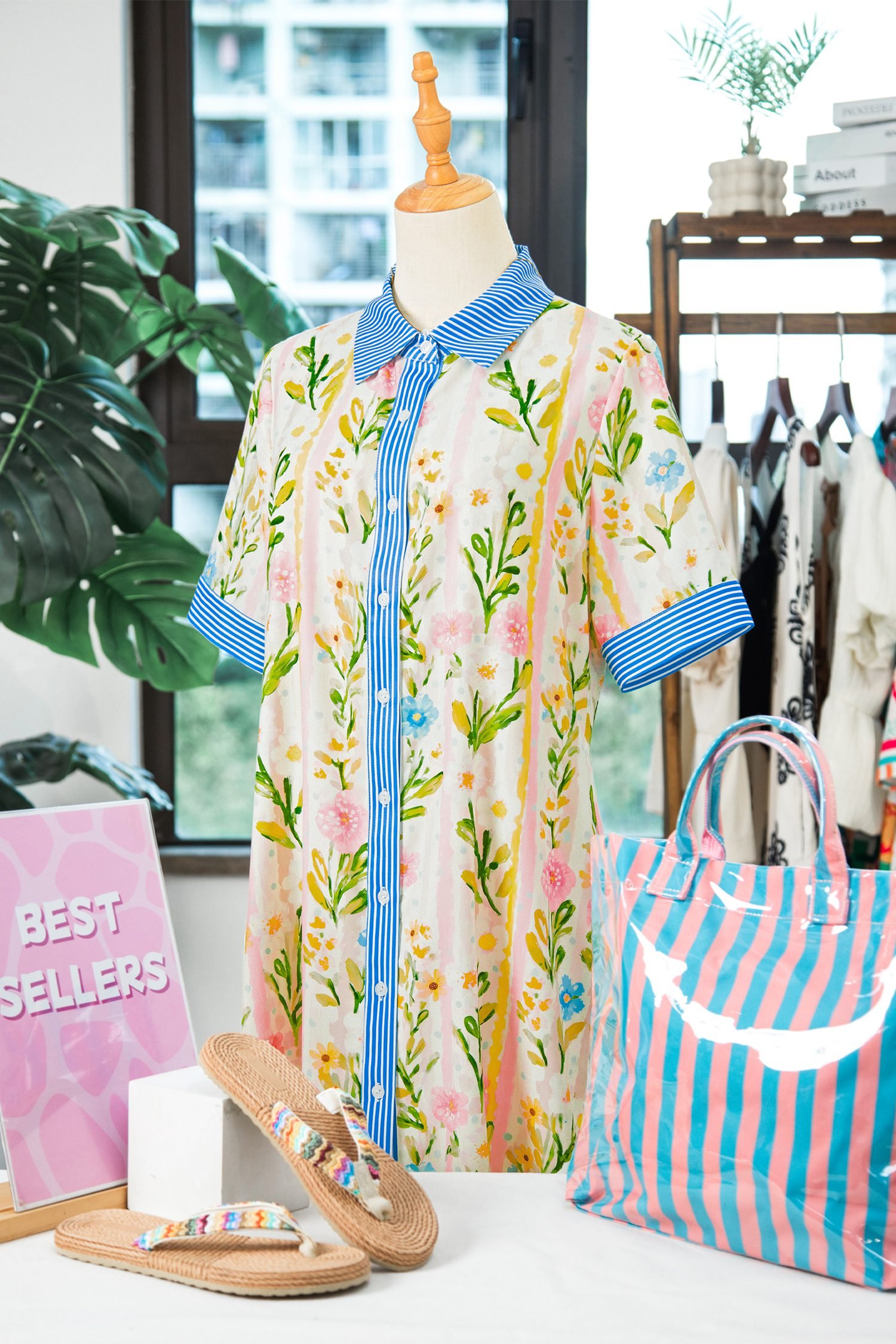 Multicolour Floral Print Striped Trim Button Down Shift Dress