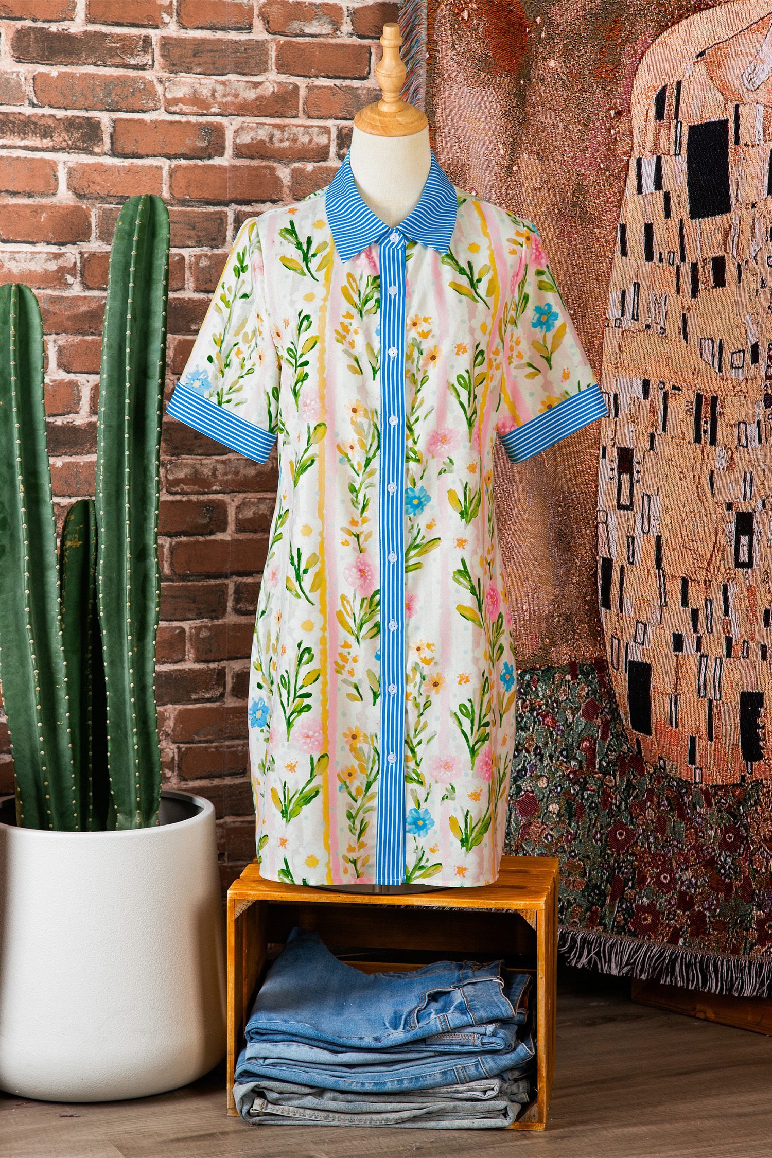 Multicolour Floral Print Striped Trim Button Down Shift Dress