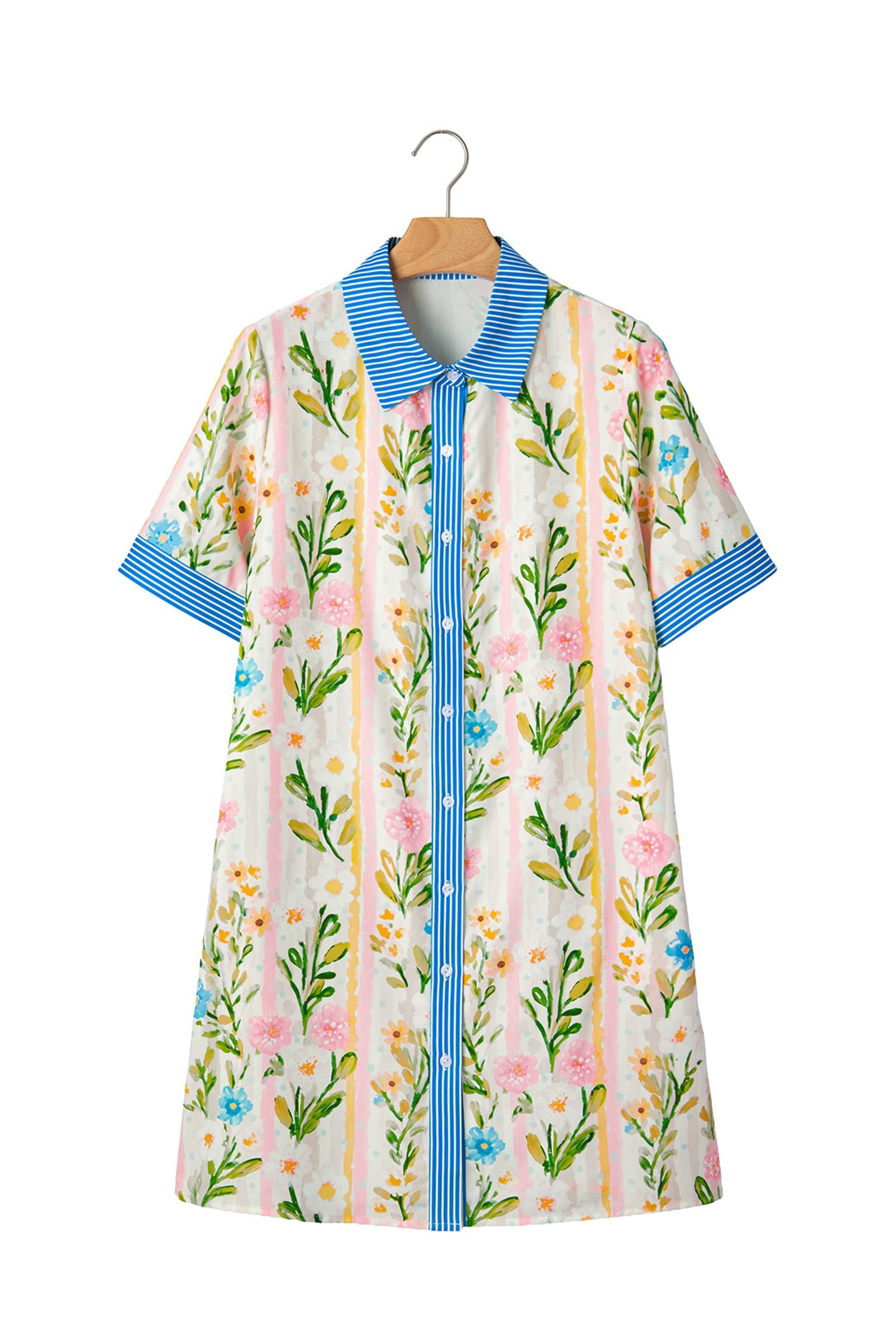 Multicolour Floral Print Striped Trim Button Down Shift Dress