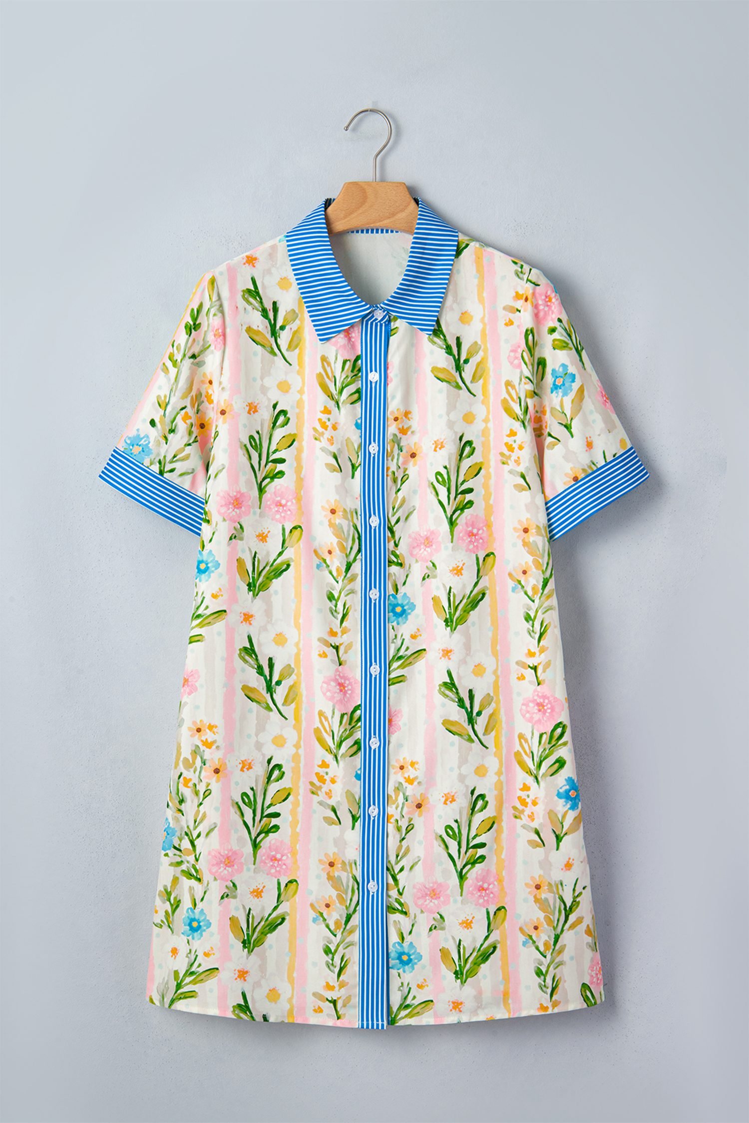 Multicolour Floral Print Striped Trim Button Down Shift Dress