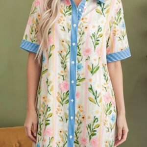 Multicolour Floral Print Striped Trim Button Down Shift Dress