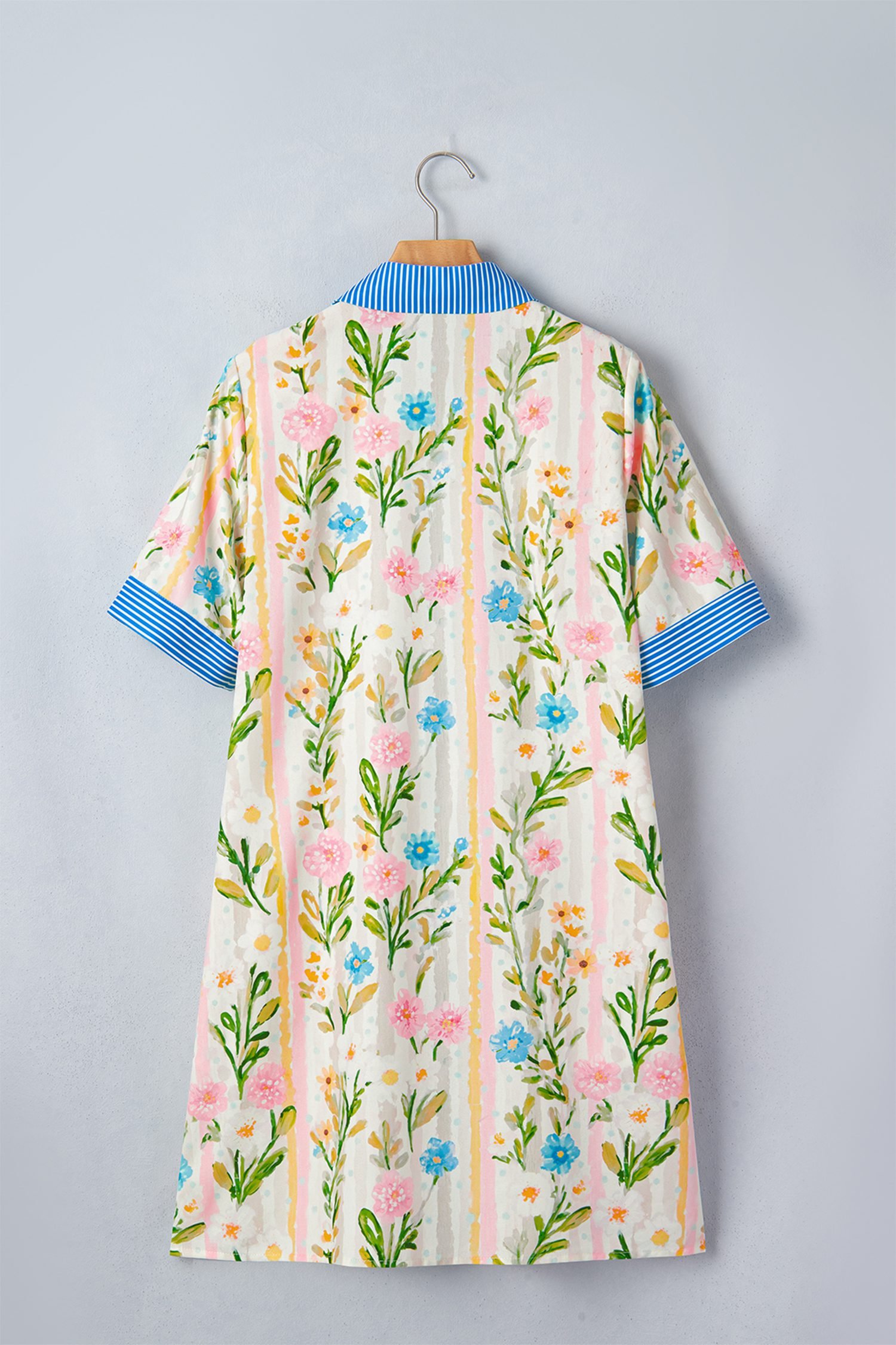 Multicolour Floral Print Striped Trim Button Down Shift Dress