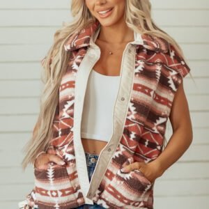 Multicolour Geometric Print Fleece Metal Button Placket Shift Silhouette Vest