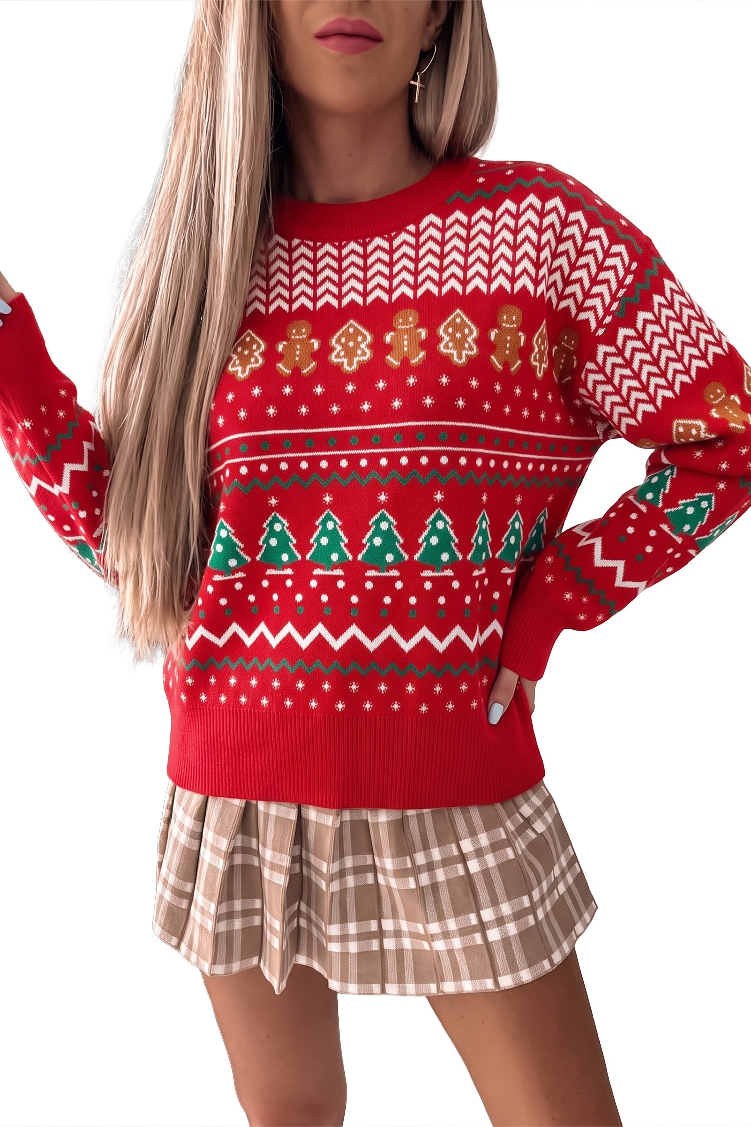 Multicolour Gingerbread Christmas Tree Pattern Round Neck Pullover Sweater