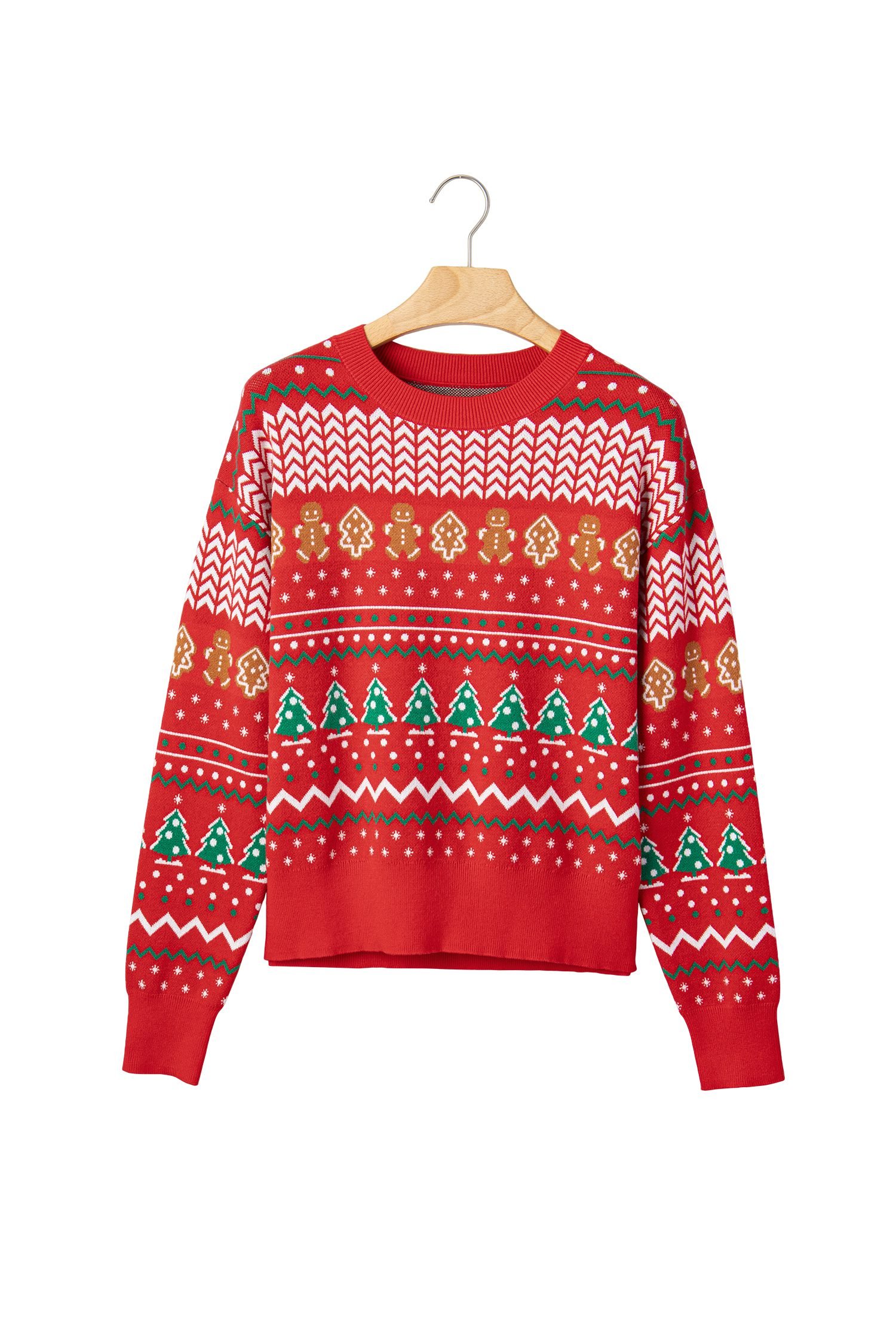 Multicolour Gingerbread Christmas Tree Pattern Round Neck Pullover Sweater