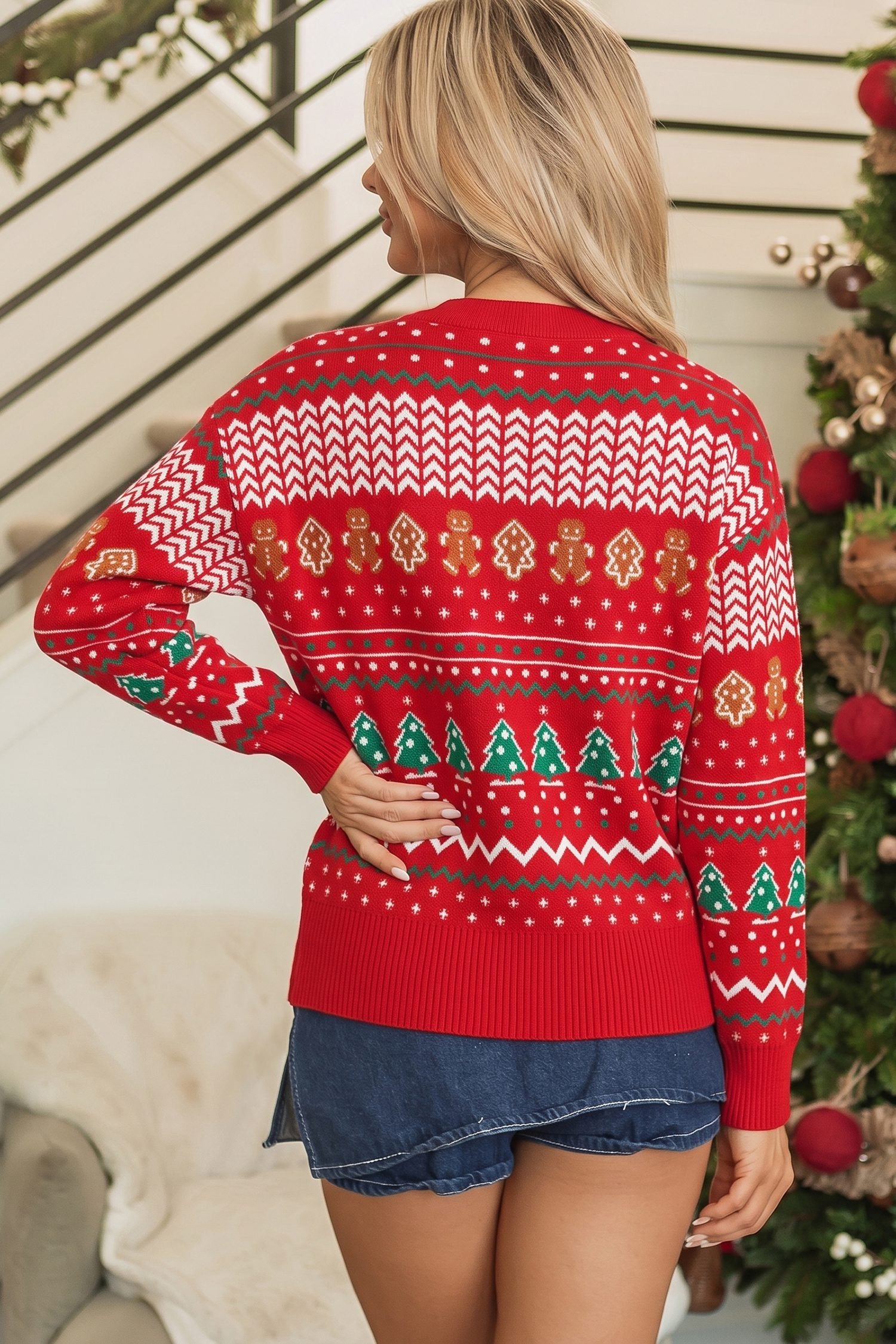 Multicolour Gingerbread Christmas Tree Pattern Round Neck Pullover Sweater