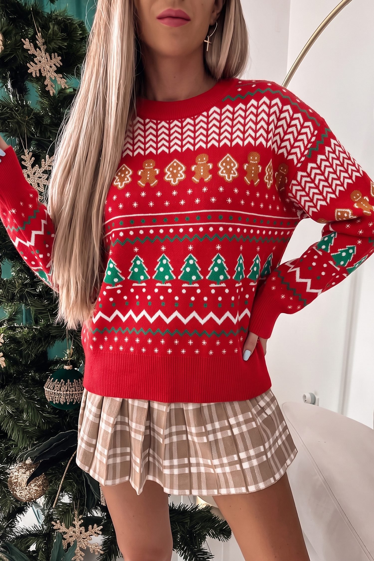 Multicolour Gingerbread Christmas Tree Pattern Round Neck Pullover Sweater