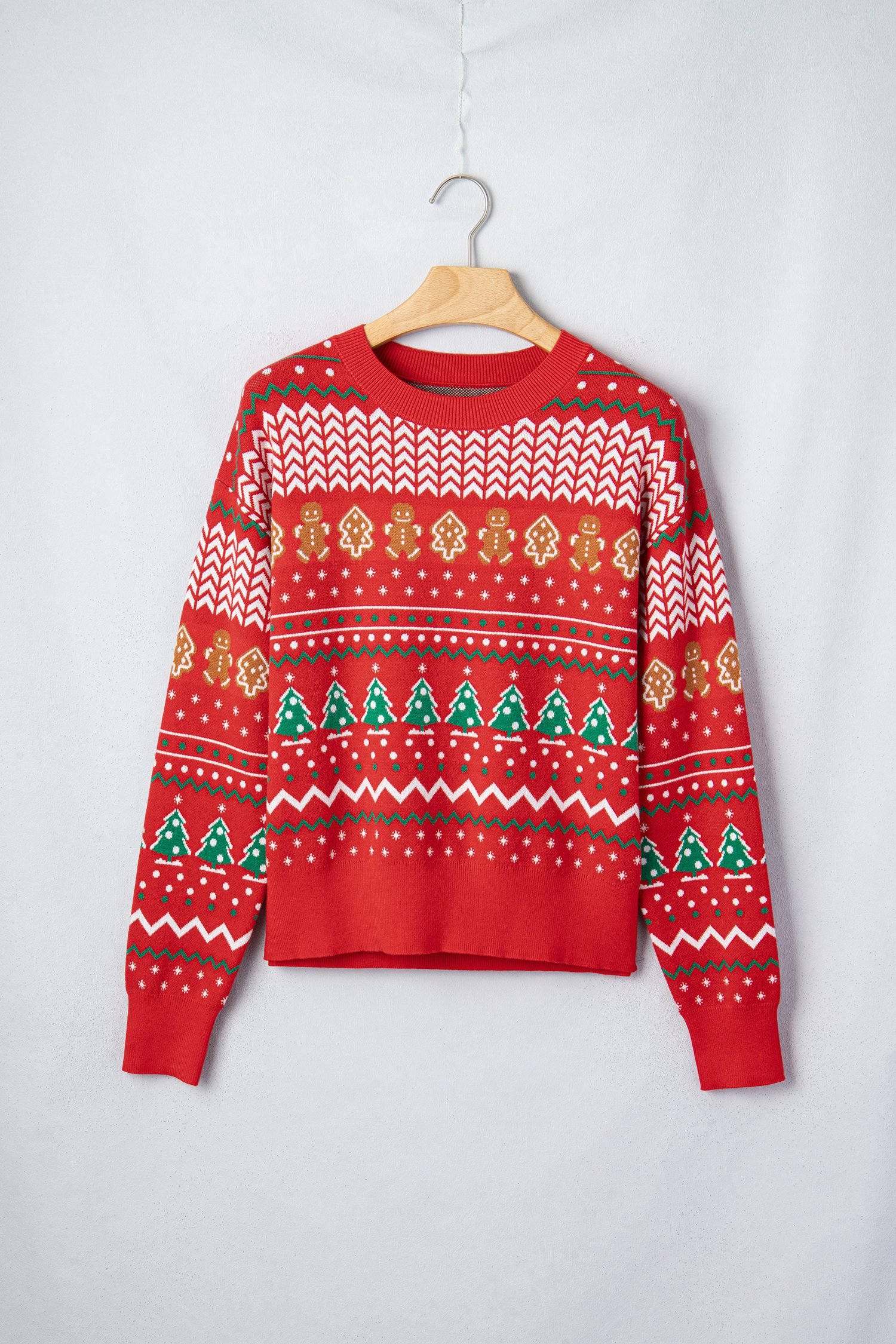 Multicolour Gingerbread Christmas Tree Pattern Round Neck Pullover Sweater