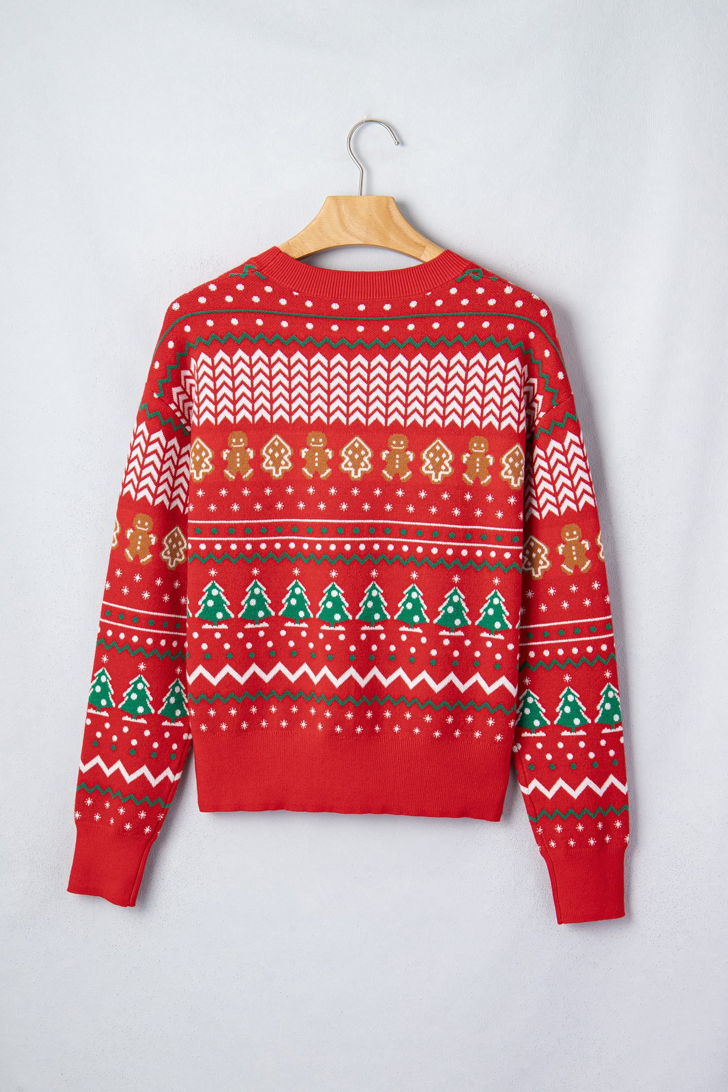 Multicolour Gingerbread Christmas Tree Pattern Round Neck Pullover Sweater