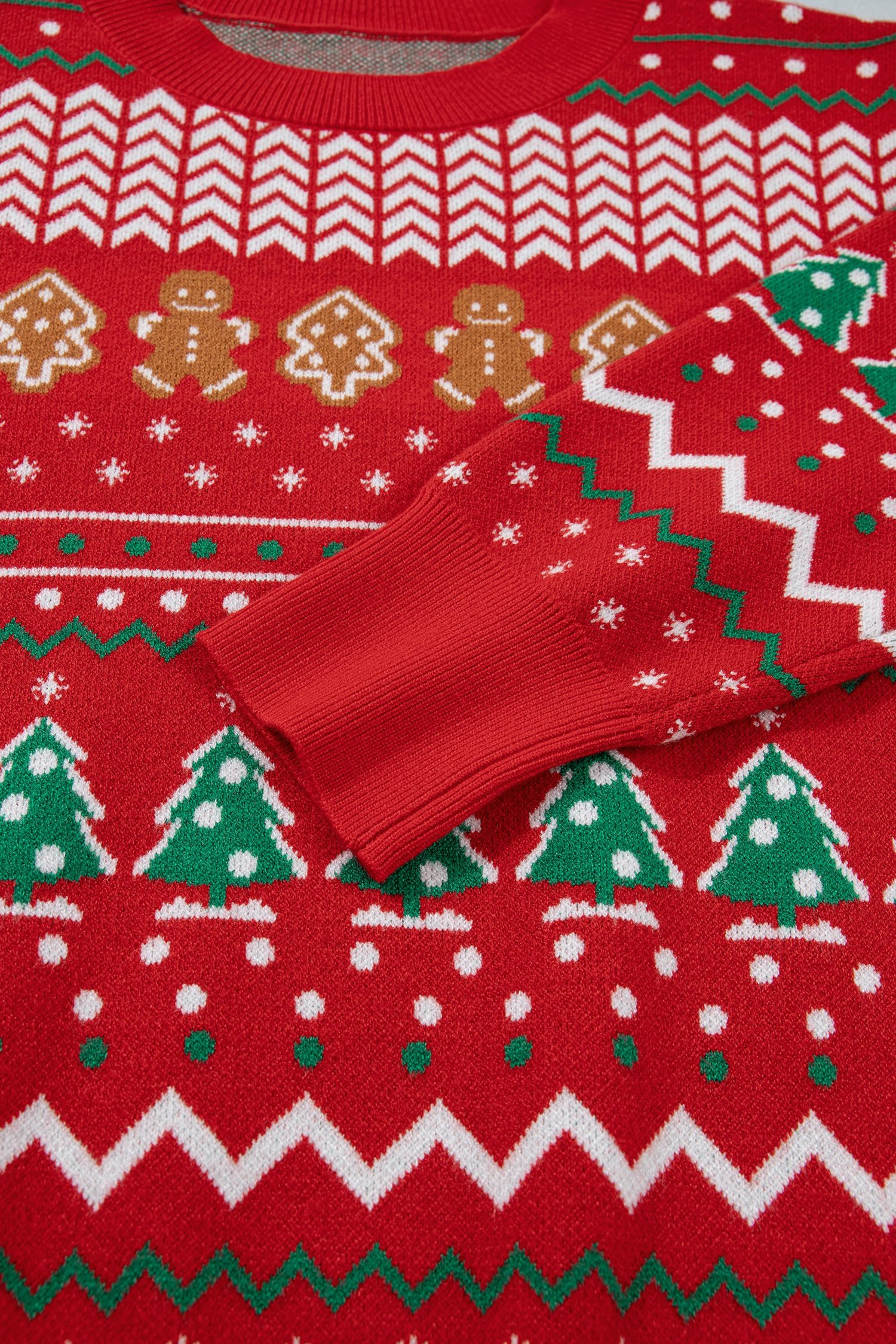 Multicolour Gingerbread Christmas Tree Pattern Round Neck Pullover Sweater