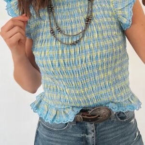 Multicolour Gingham Smoked Lace Trim Tank Top