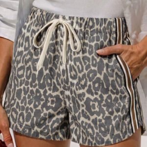 Multicolour Leopard Pattern Striped Detail Drawstring Denim Shorts