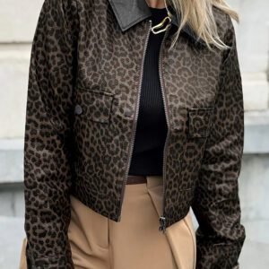 Multicolour Leopard Print Colorblock Collar Metal Placket Jacket