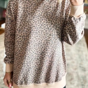 Multicolour Leopard Print High Neck Long Sleeve Ribbed Cuffs Hem Sweatshirt