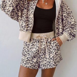 Multicolour Leopard Zip-Up Hooded Drawstring Pant Set
