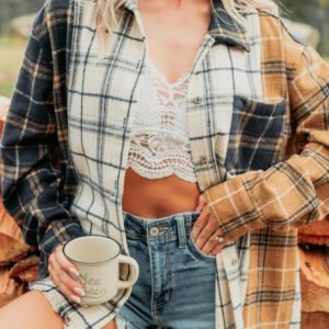 Multicolour Plaid Button-Up Long Sleeve Shift Silhouette Shacket