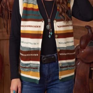 Multicolour Striped Button Front Sleeveless Knit Regular Fit Sweater Vest
