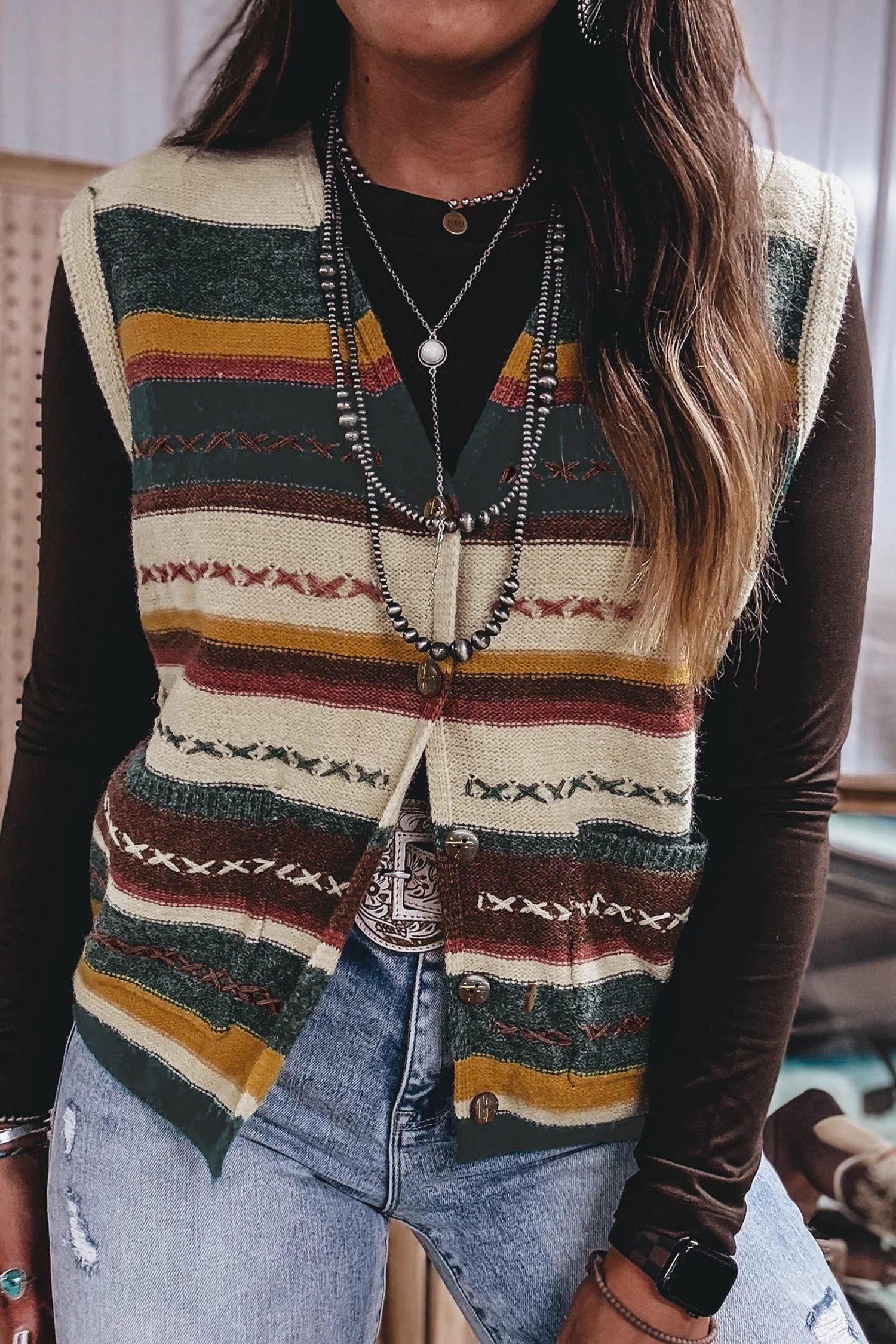 Multicolour Striped Button Front Sleeveless Knit Regular Fit Sweater Vest