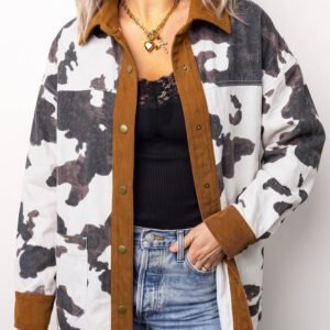 Multicolour Western Cow Print Long Sleeve Button-Up Denim Jacket