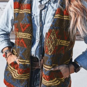 Multicolour Western Print Faux Fur Metal Zipper Insert Pockets Sleeveless Vest