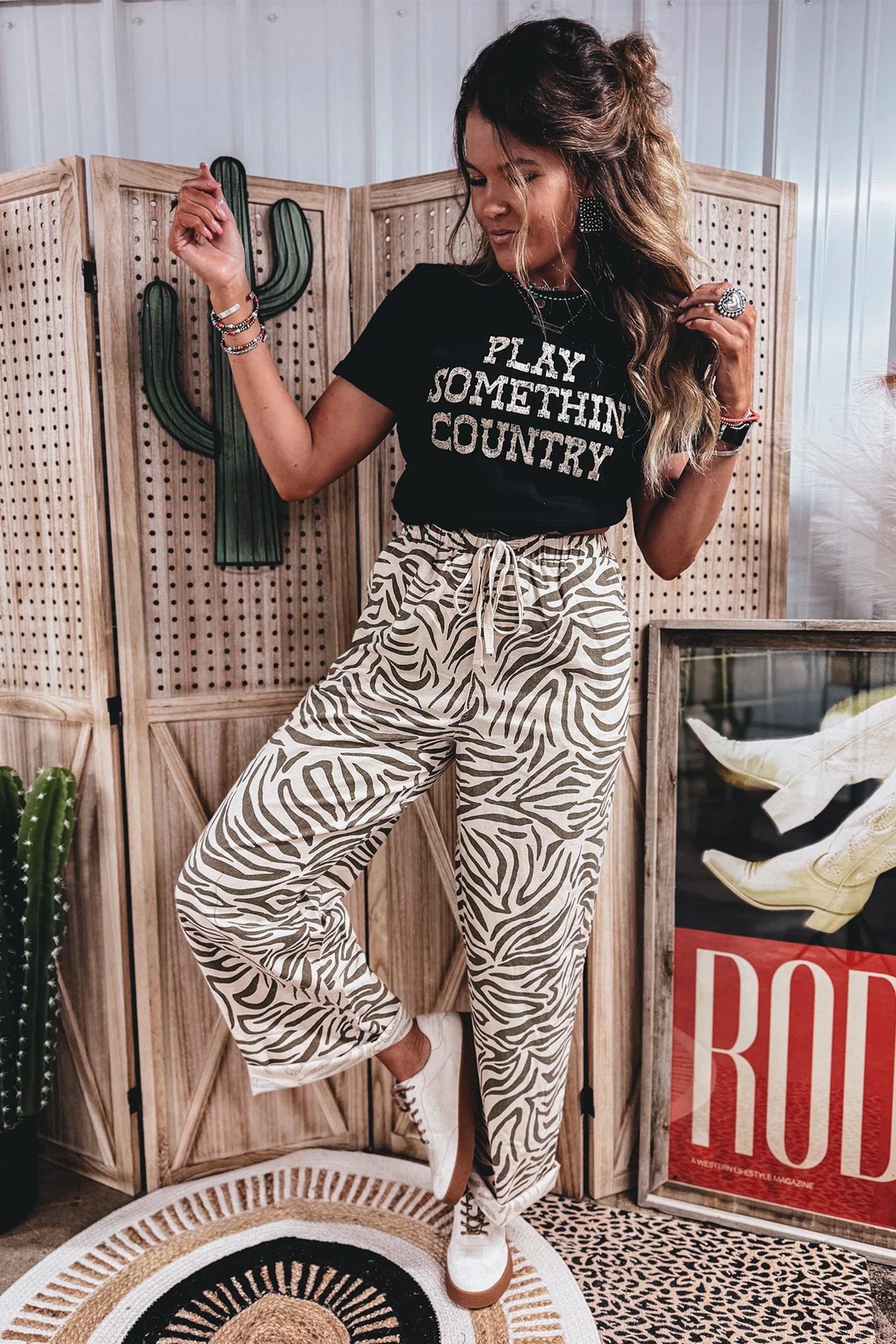 Multicolour Western Print Zebra Pattern Elastic Waist Pocket Full-Length Pants