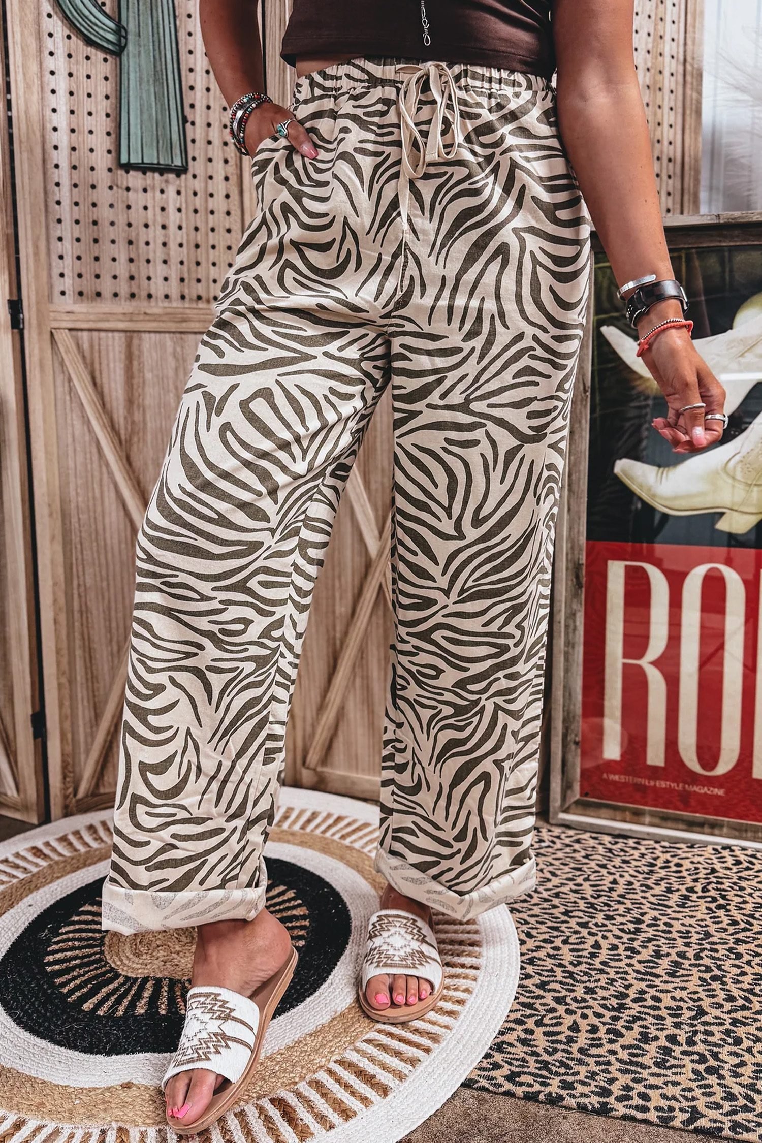 Multicolour Western Print Zebra Pattern Elastic Waist Pocket Full-Length Pants