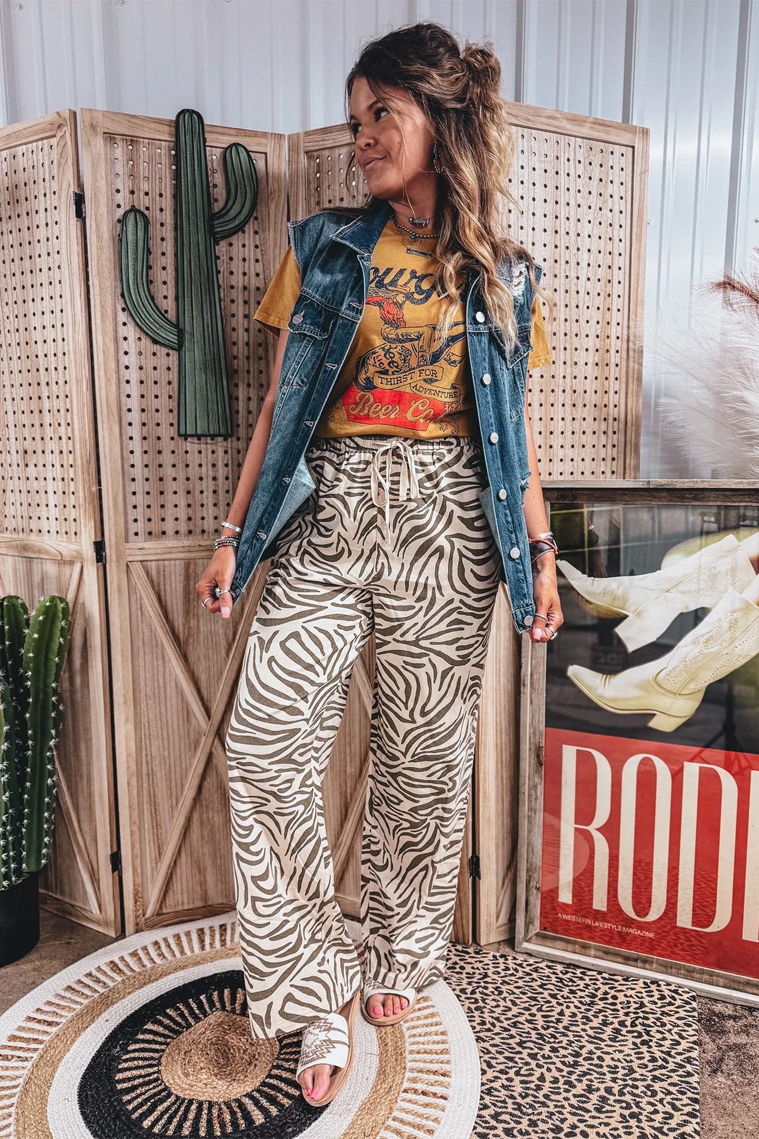 Multicolour Western Print Zebra Pattern Elastic Waist Pocket Full-Length Pants