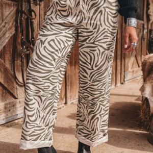 Multicolour Western Print Zebra Pattern Elastic Waist Pocket Full-Length Pants