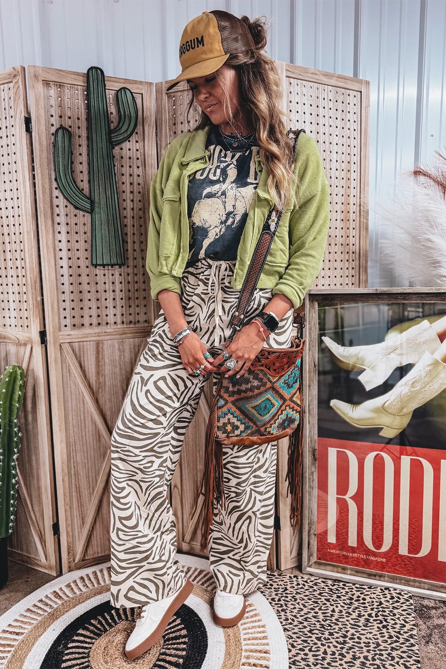 Multicolour Western Print Zebra Pattern Elastic Waist Pocket Full-Length Pants