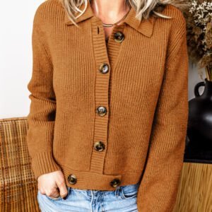Mustard Ribbed Knit Collar Button Front Long Sleeve Cardigan