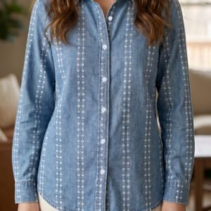 Myosotis Floral Print Button-Down Long Sleeve Denim Shirt