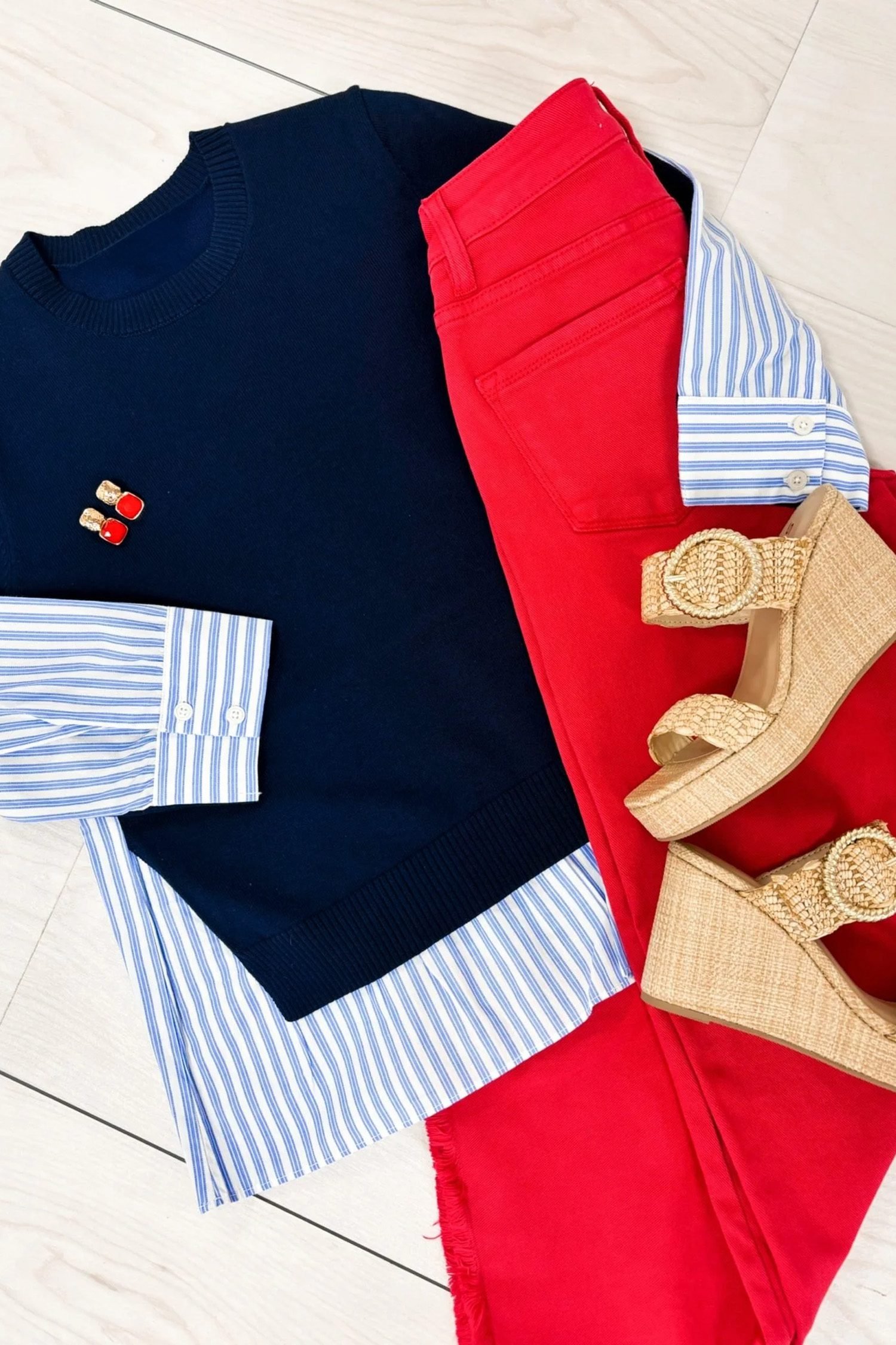Navy Blue Drop Shoulder Long Sleeve Striped Pullover Sweater