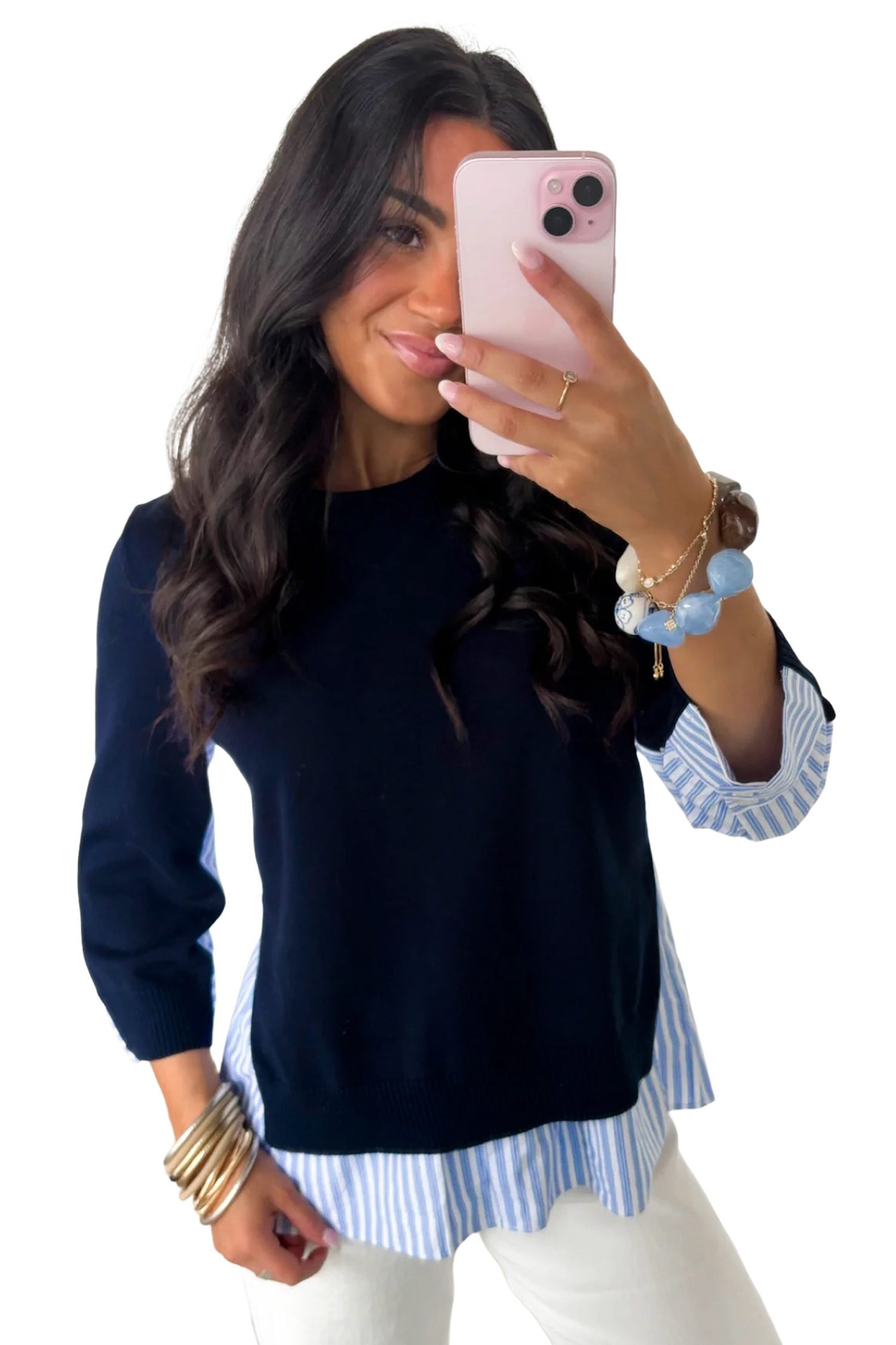 Navy Blue Drop Shoulder Long Sleeve Striped Pullover Sweater